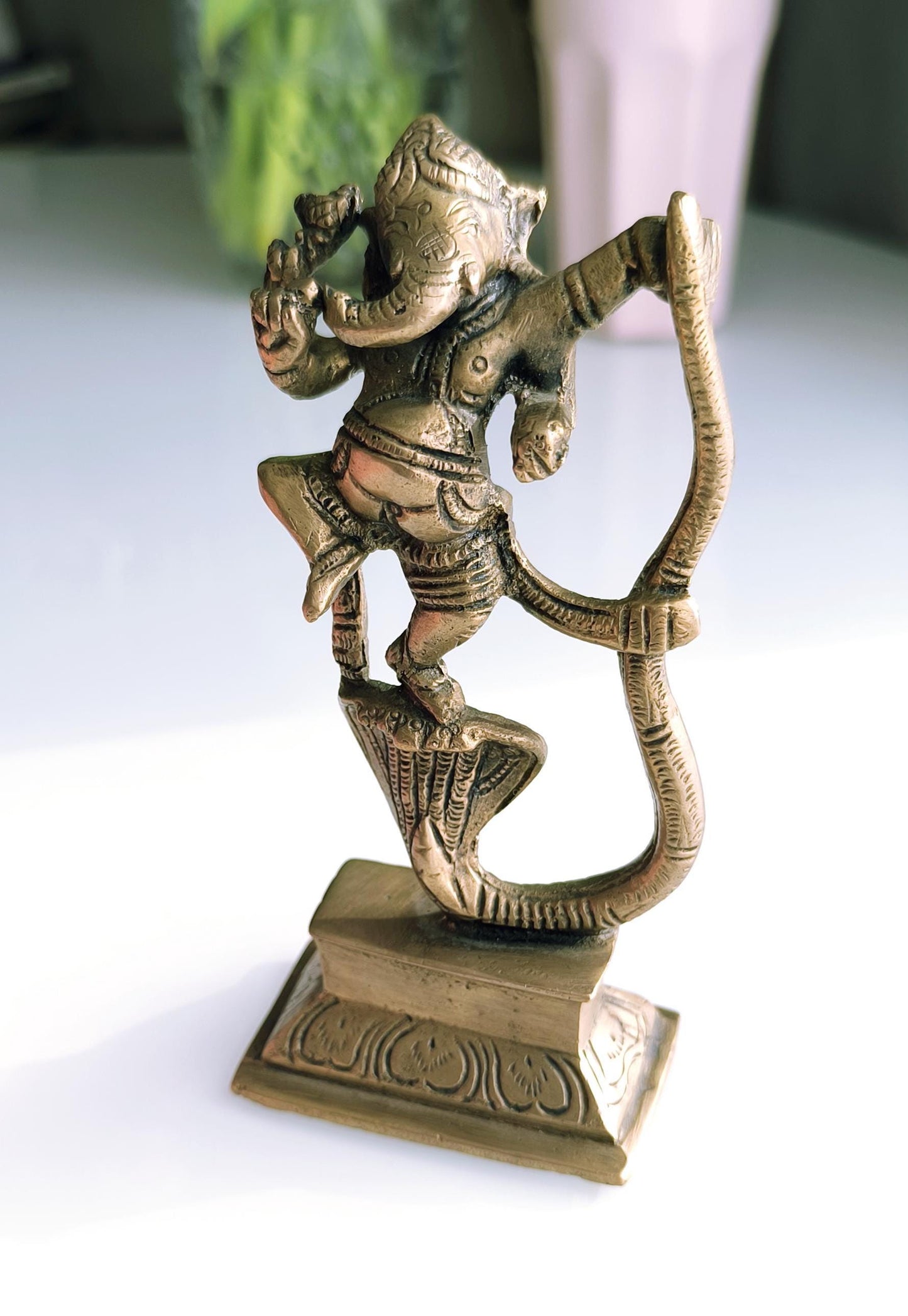 Bronze Dancing Ganesha with Snake, Hindu Elephant God Statue, 1980s