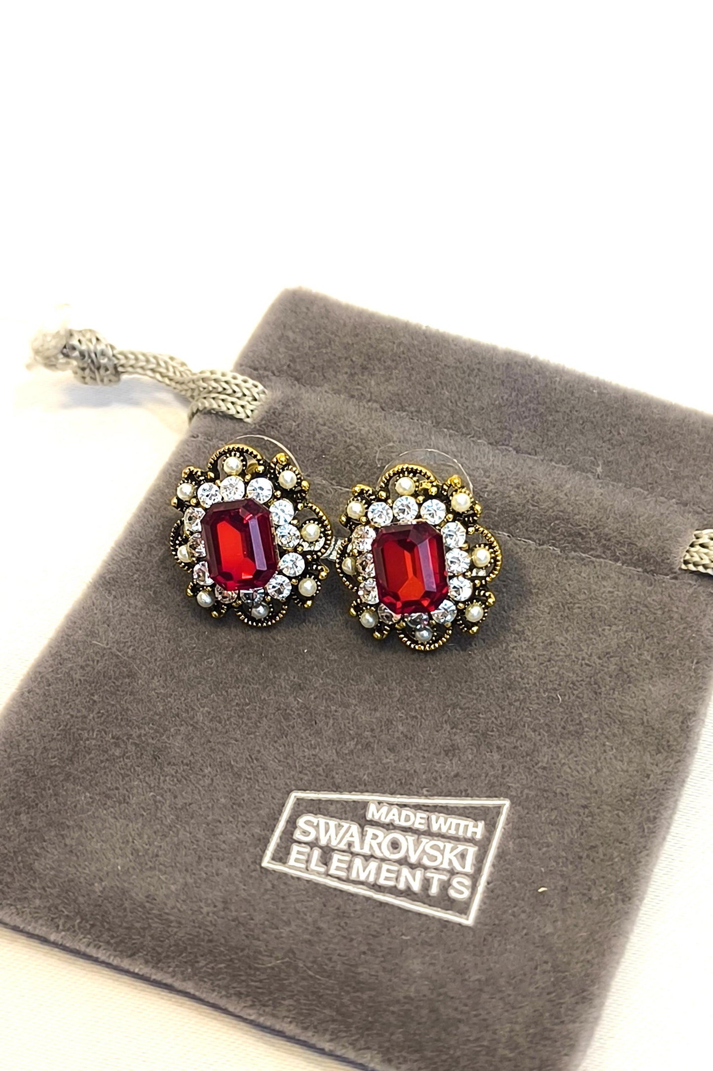 Vintage 2000s 14K Gold-Plated Stud Earrings With Ruby Imitation Swarovski Crystal & Gold Diamond Accents