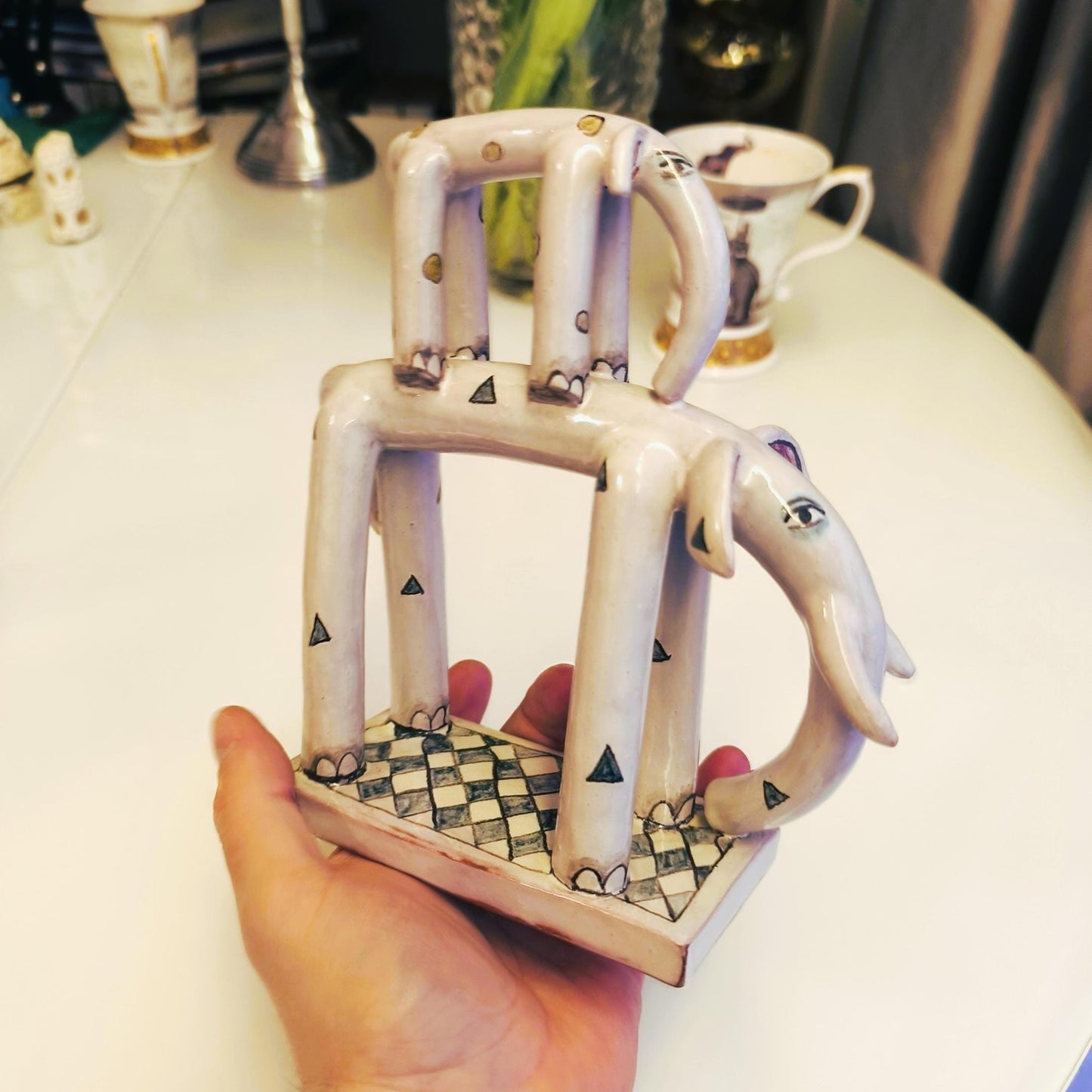 Two Stacked Ceramic Gray Elephants With Ornaments On Base 1970