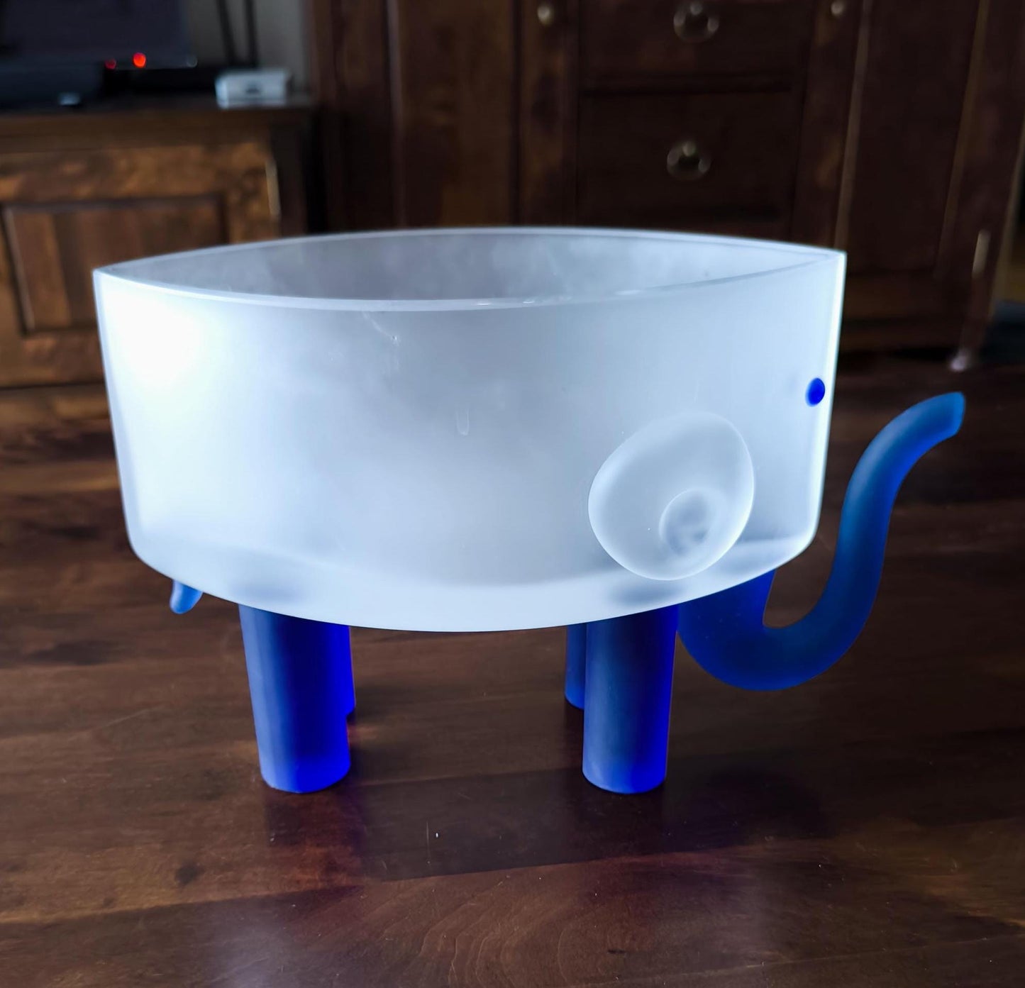 Borowski Sculptural Glass Elephant Bowl, Frosted & Blue, Collectible Art, 2000s