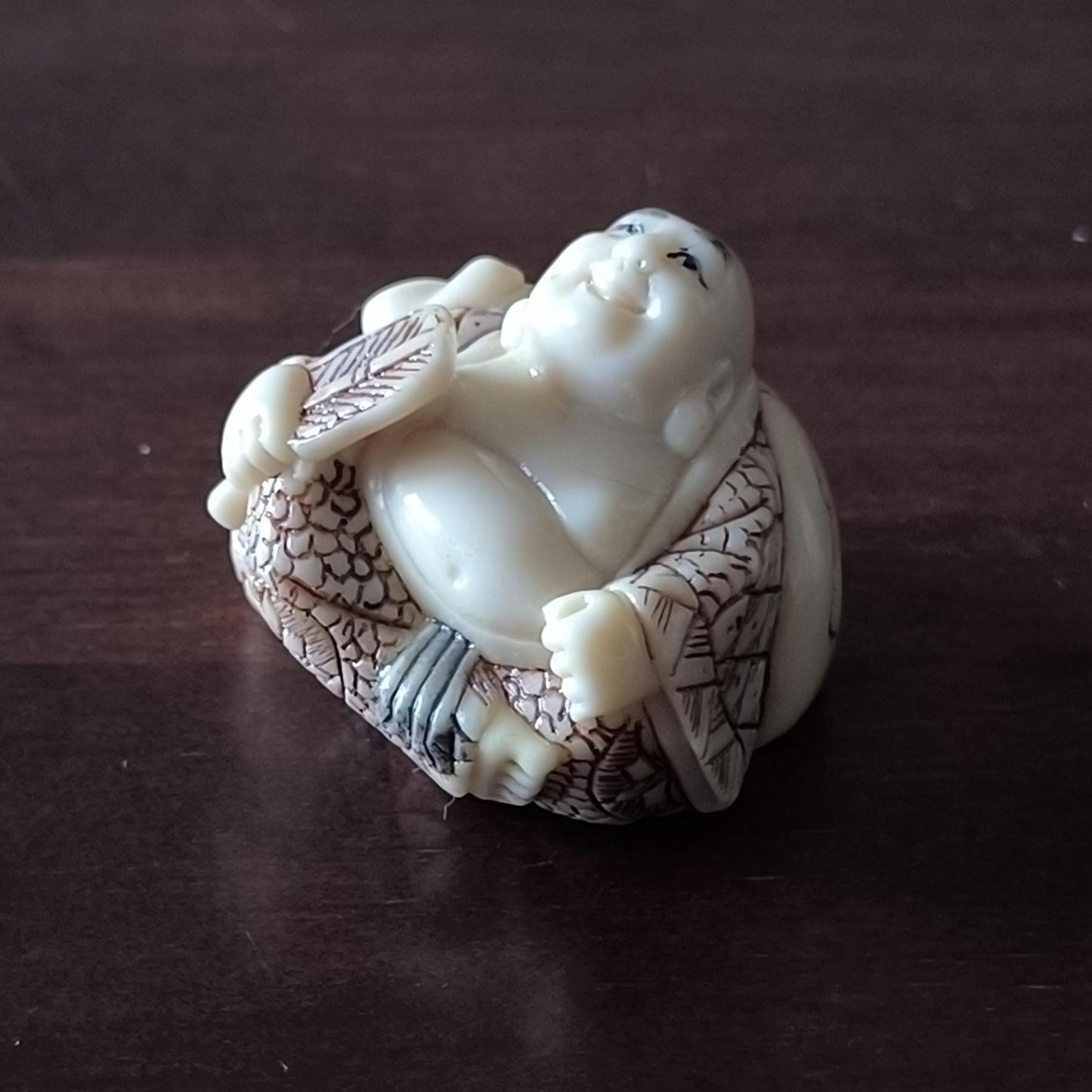 Japanese Resin Netsuke Happy Buddha Figurine Hand Painted, Carved 1970s