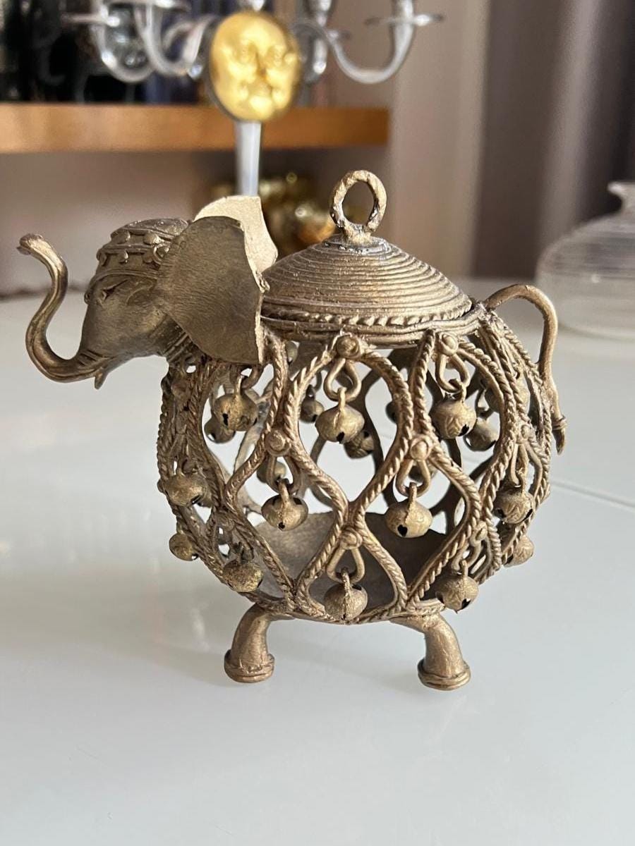 Metal Elephant Lantern Candle Holder with Brass-Tone Finish, 1970s