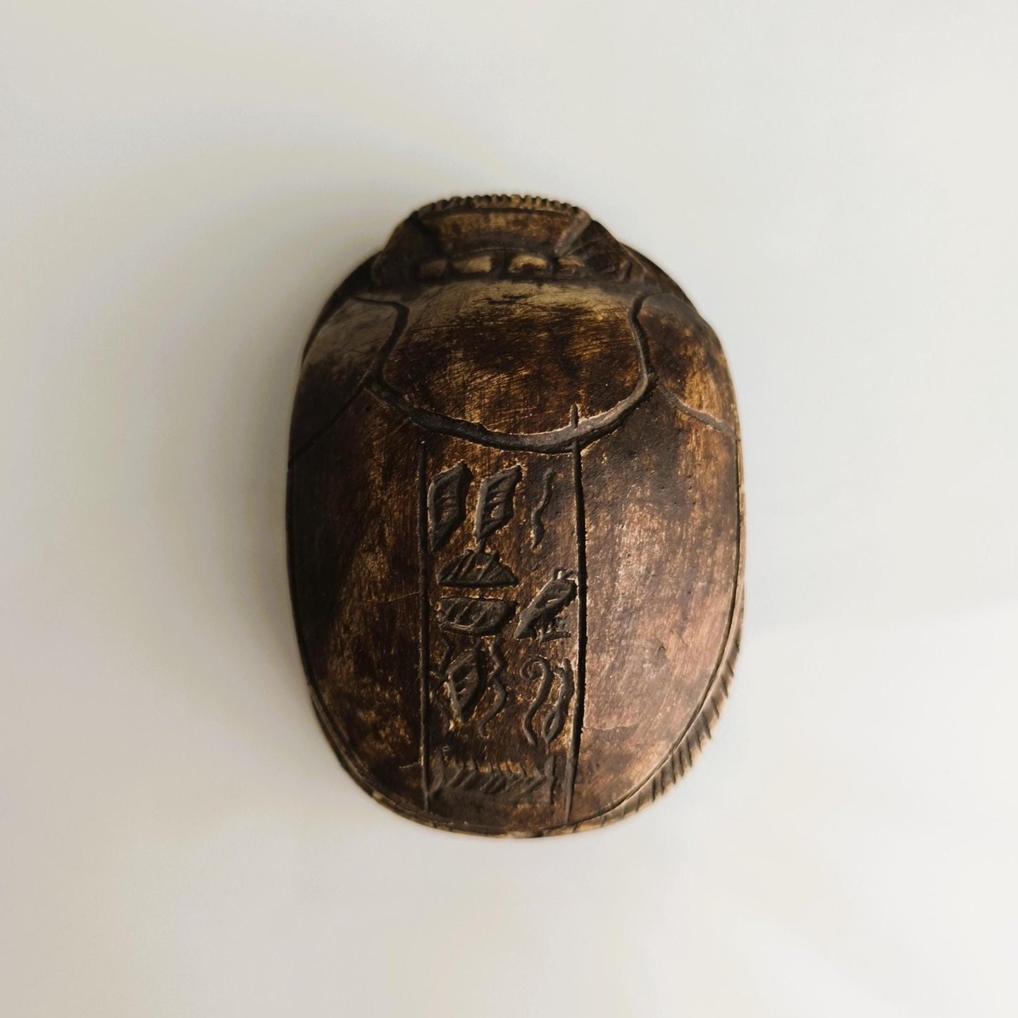 Carved Brown Stone Egyptian Scarab Beetle with Hieroglyphics, 1970s