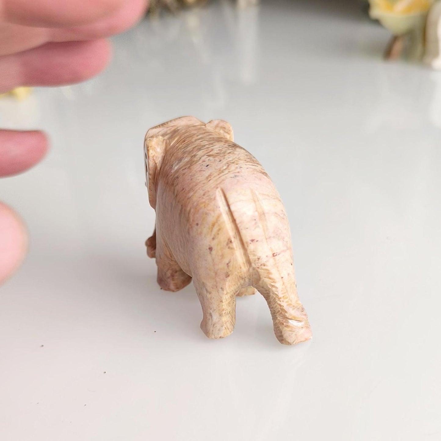 Handmade Small Light Brown Soapstone Elephant Statue with Lowered Trunk, 2000s