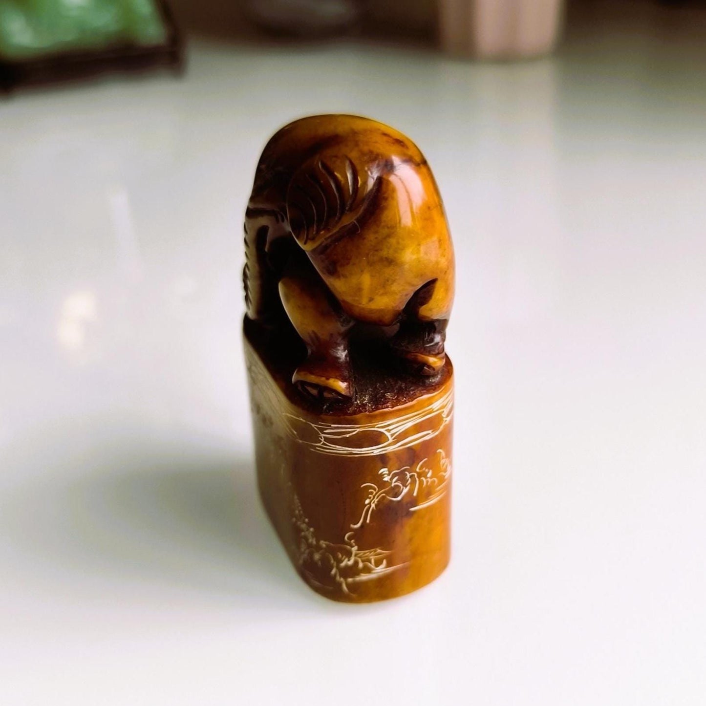 Brown Stone Elephant Stamp on Raised Stand with Carvings, Handmade 1960s