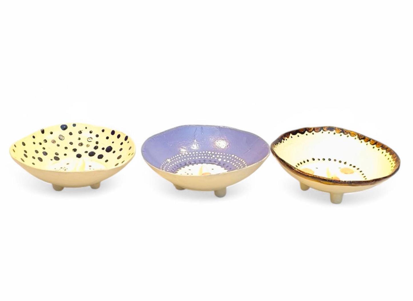 Three Handmade Coconut Shell Bowls on Legs, Hand-Painted, Ceramic Faces