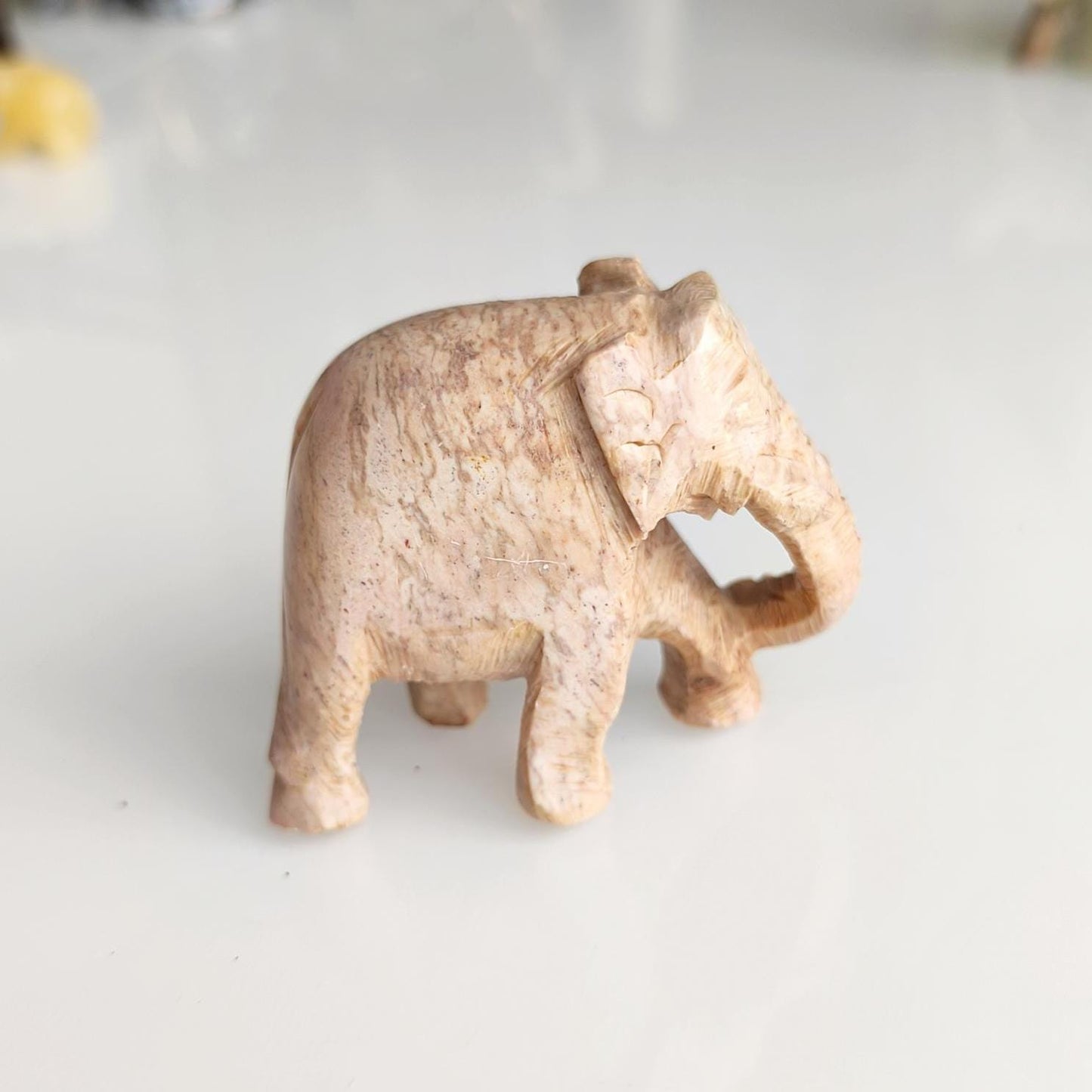 Handmade Small Light Brown Soapstone Elephant Statue with Lowered Trunk, 2000s