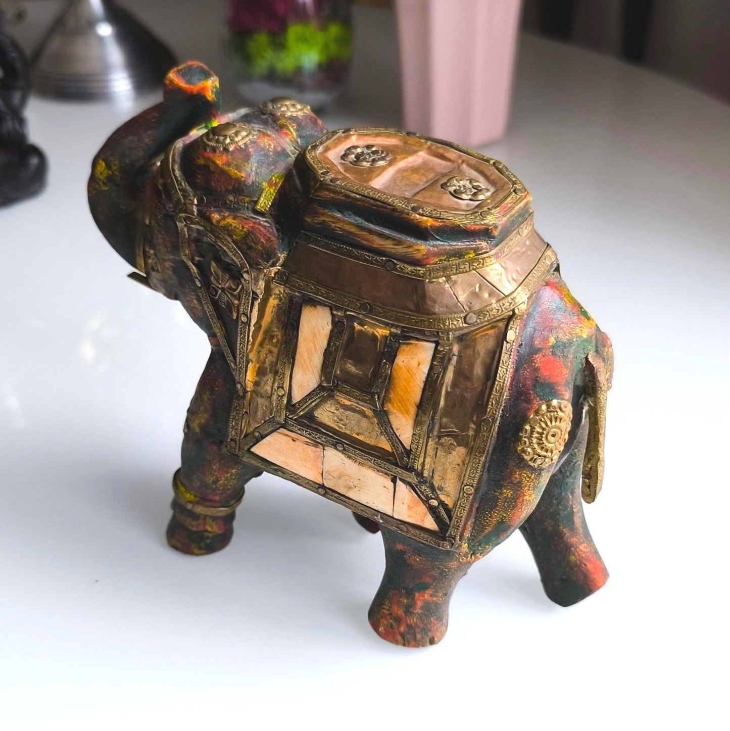 Handmade Wooden Elephant with Metal and Stone Inlay, Trunk Up 1970
