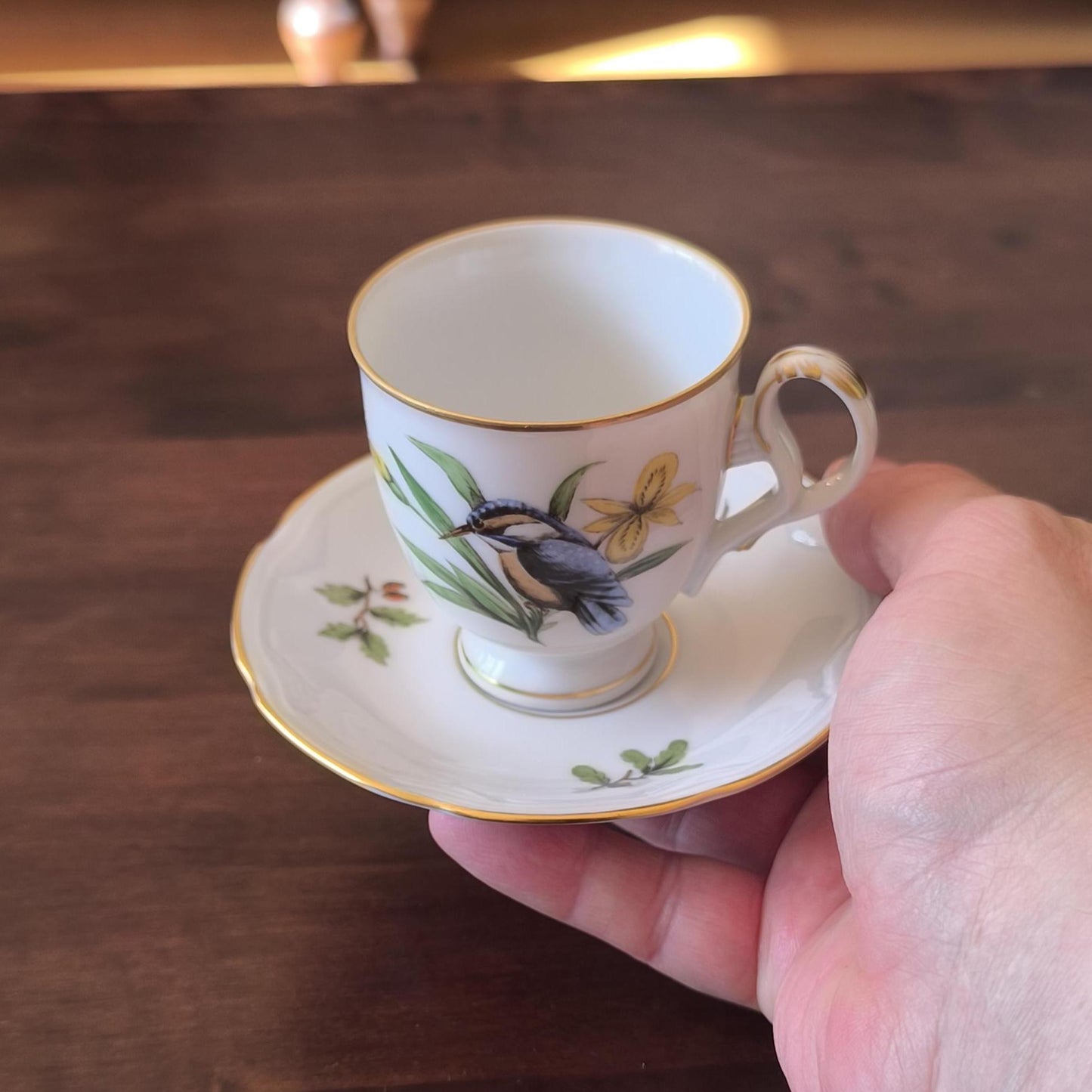 German Porcelain MPM Saxonia Coffee/Tea Cup & Saucer – Hand-Painted Blue Bird, Yellow Flower, 1980s