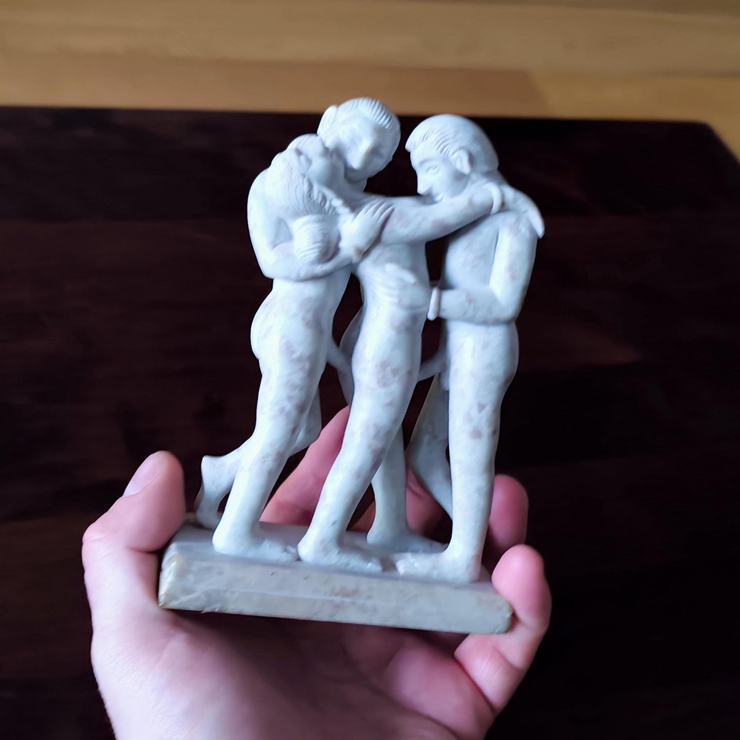 Light Stone Erotic Kamasutra Three People Statue, Handmade 1980