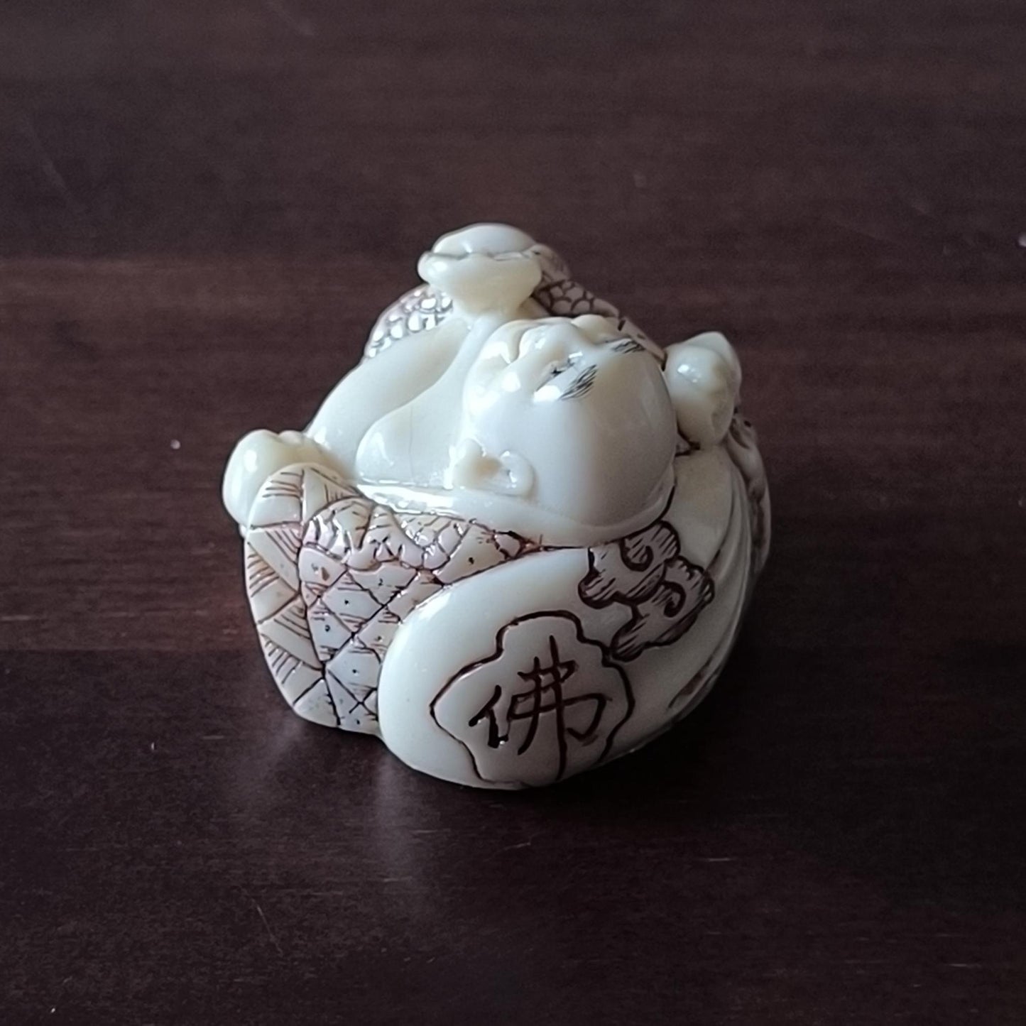 Japanese Resin Netsuke Happy Buddha Figurine Hand Painted, Carved 1970s
