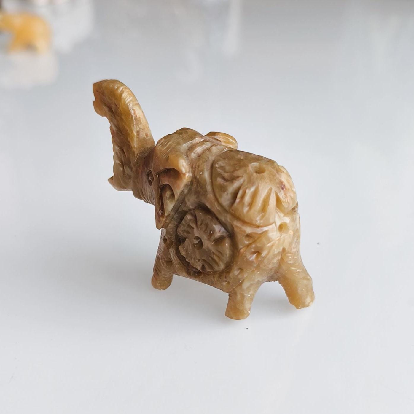 Small Khaki Stone Elephant Raised Trunk Asian Handmade 2000s