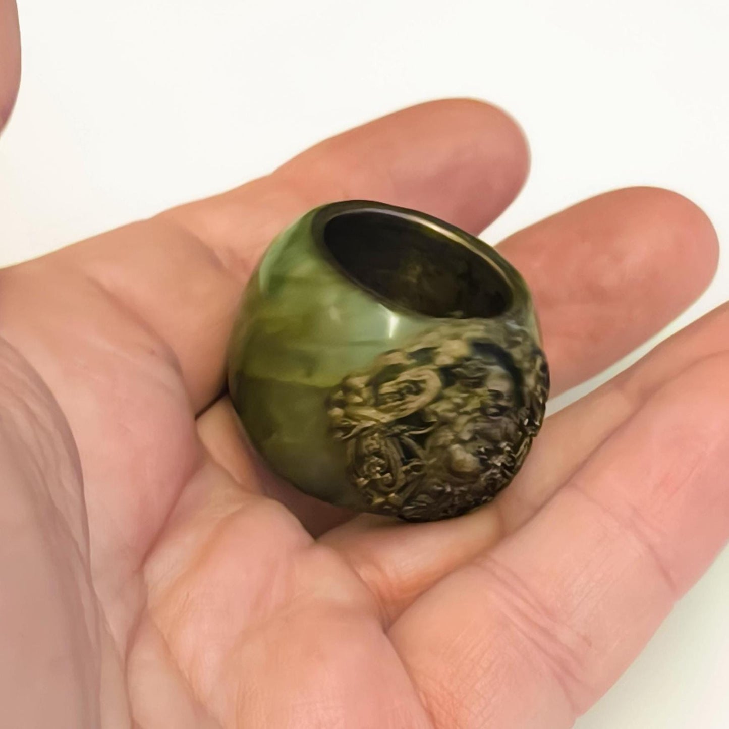 Buddha Napkin Ring, Green Stone Bronze Inlay 1970s