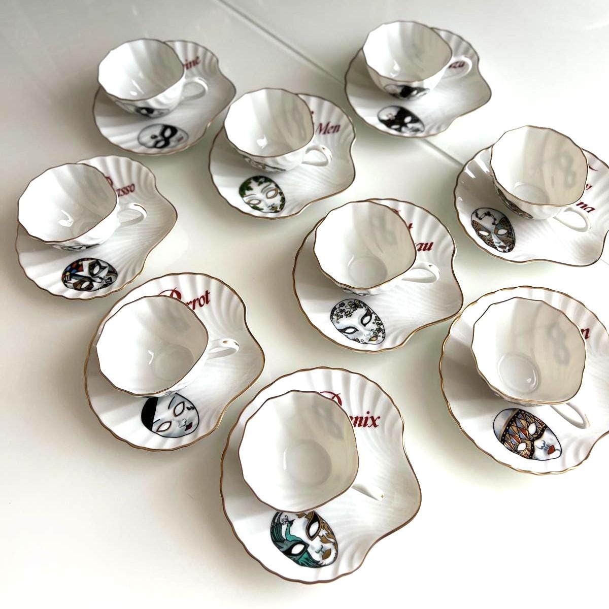 Ancap Verona Porcelain Espresso Cup Set Masks Italy 9 Pieces