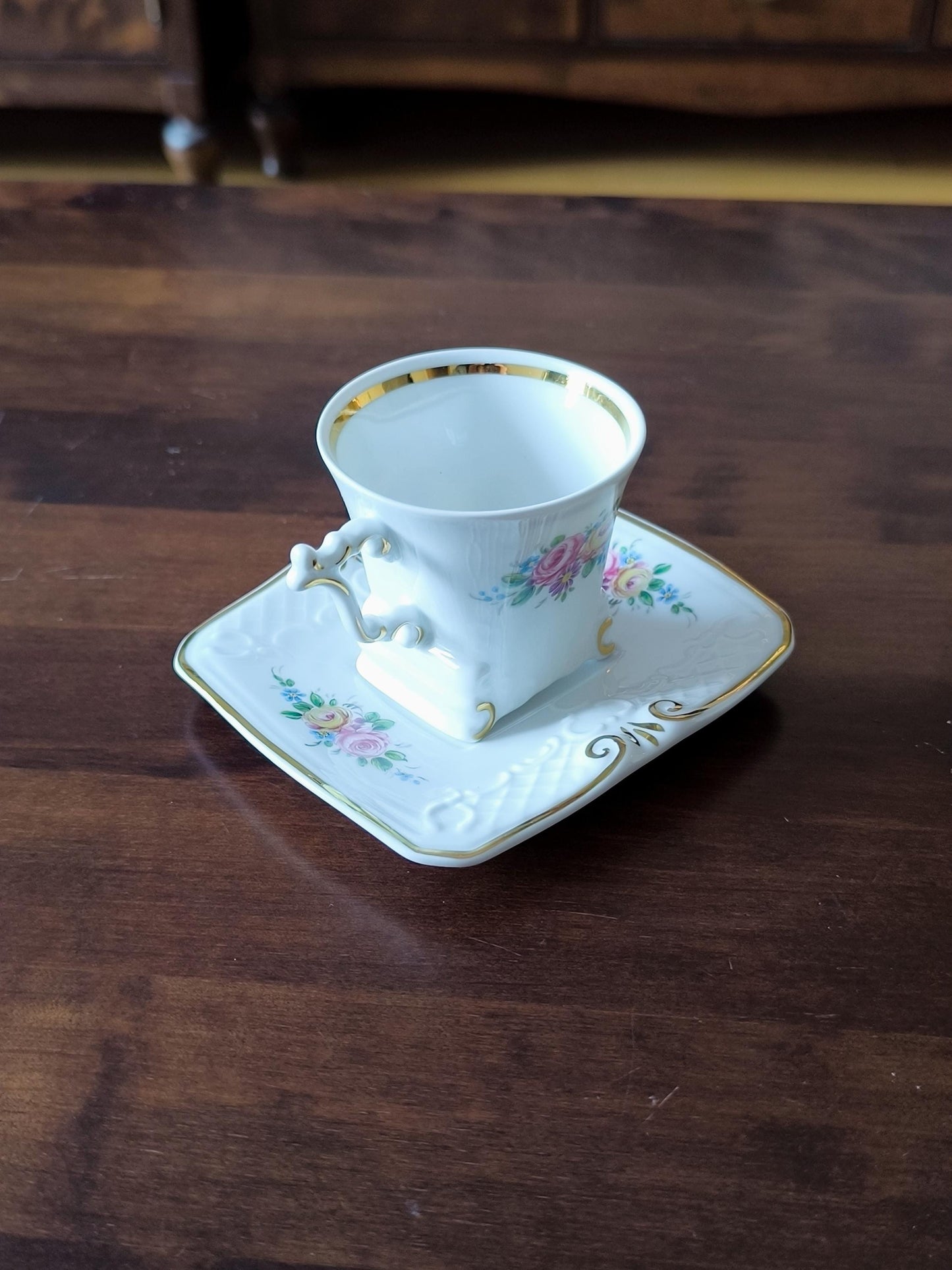 Vintage Gerold Tettau Bavaria Mocha Espresso Cup & Saucer, Floral Porcelain, 1960-1993