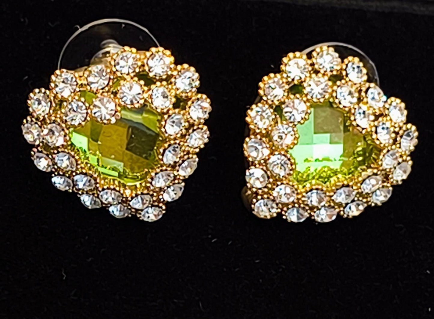Vintage 2000s 14K Gold-Plated Stud Earrings with Green Heart-Shaped Swarovski Drop & Diamond Accents