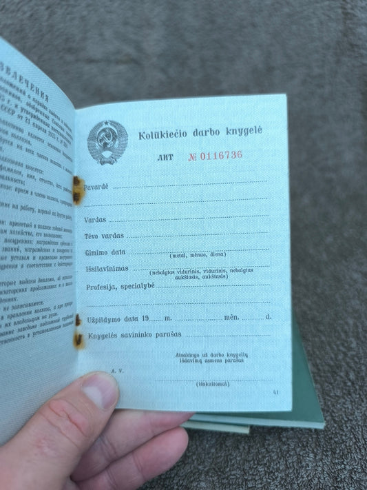 Farm Worker's Workbook, Original Blank Document , Collection of Rare Soviet Lithuanian Blanks.
