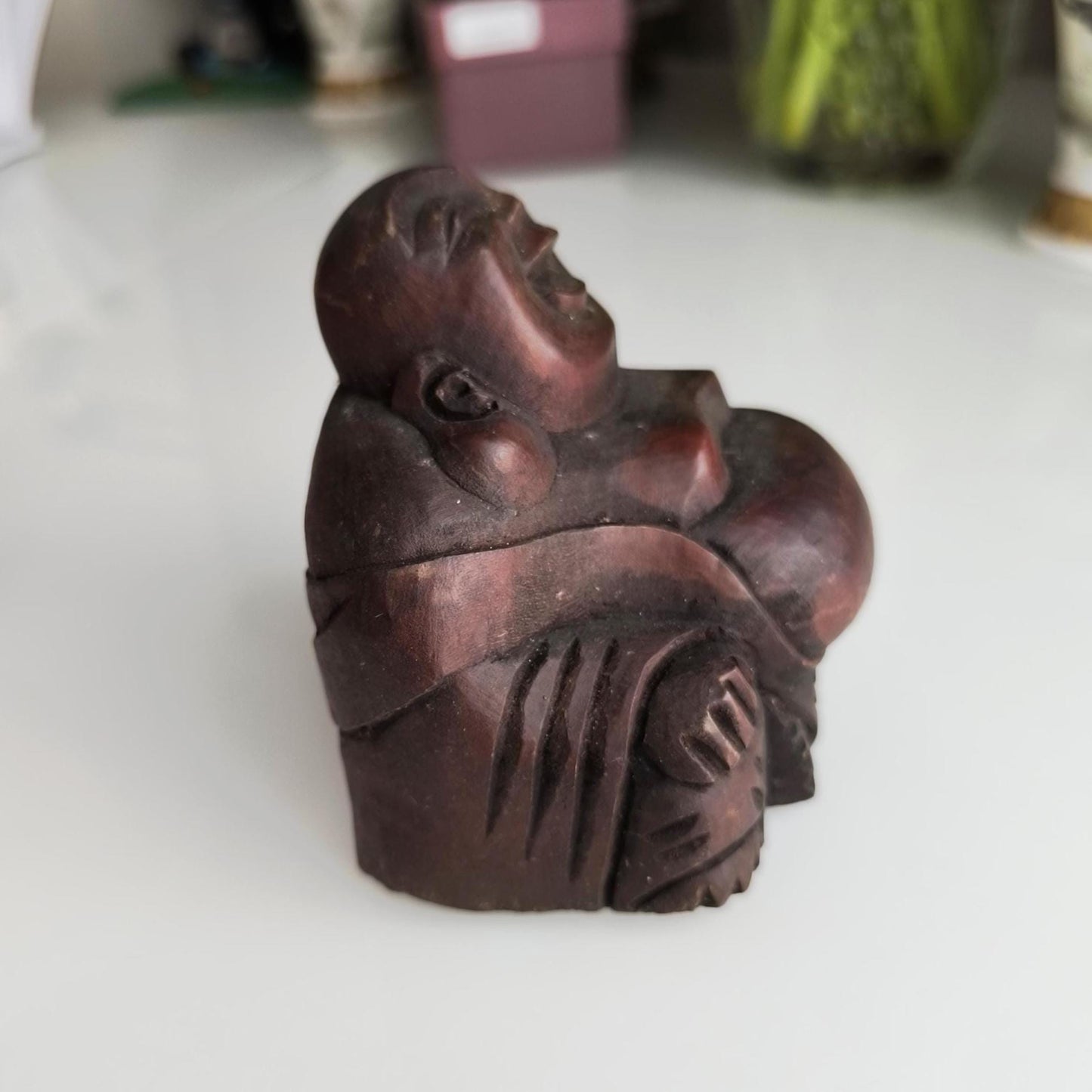1970 Handmade Wooden Painted Brown Carved Sitting Buddha
