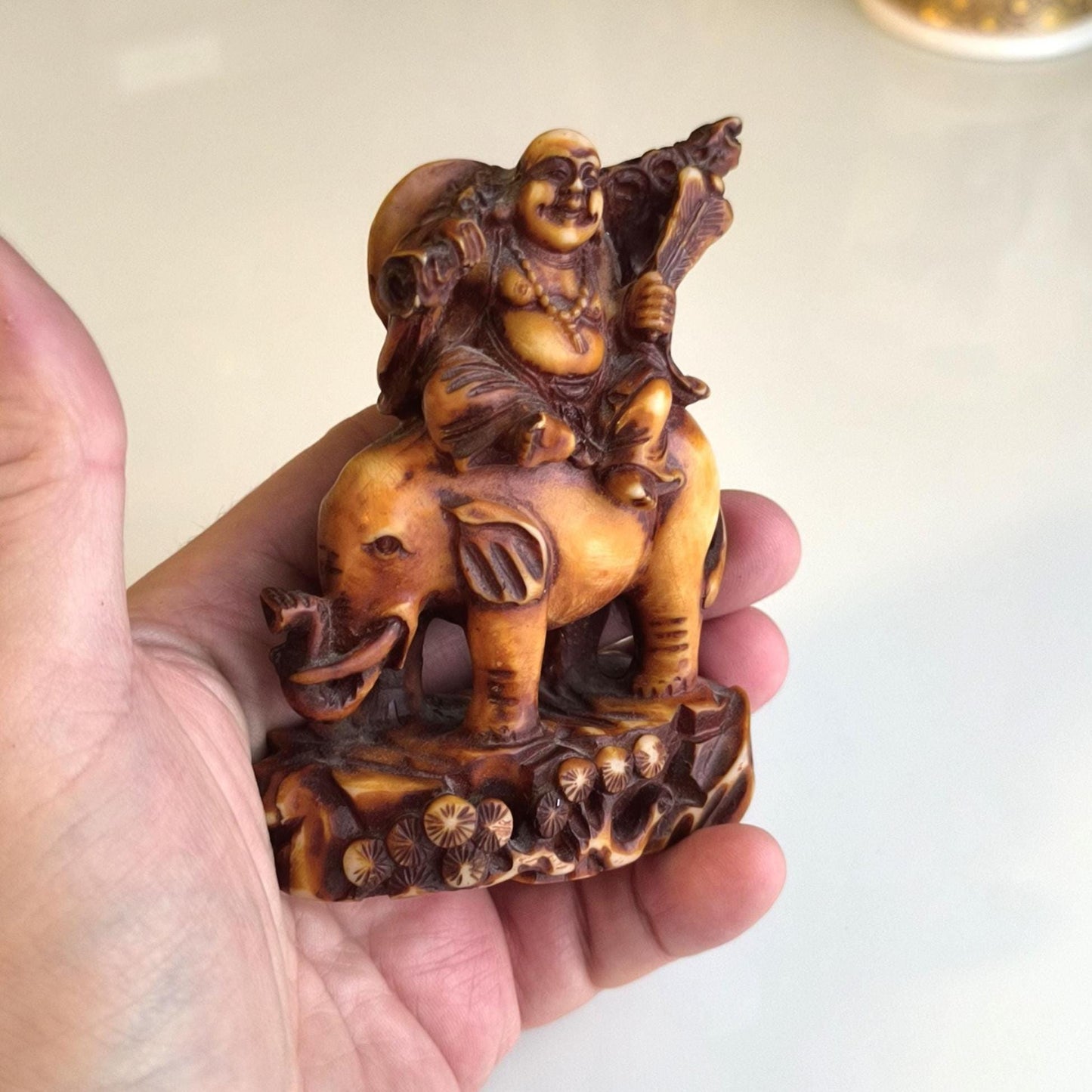 Sitting Buddha on Elephant Statue, Brown Resin 1970s