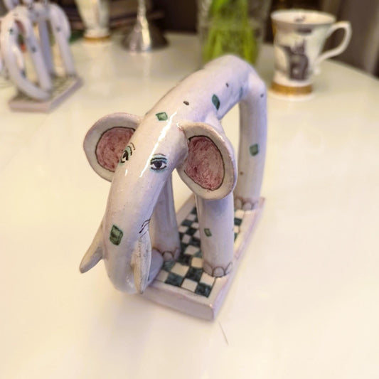 Ceramic Gray Elephants With Ornaments On Base 1970