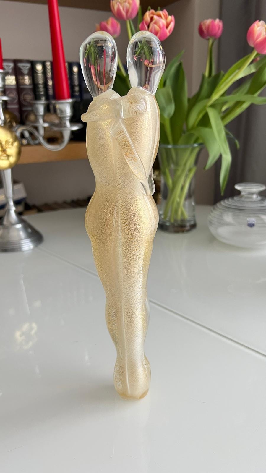 Murano Glass Sculpture "The Lovers", Gold Leaf Italy 1980