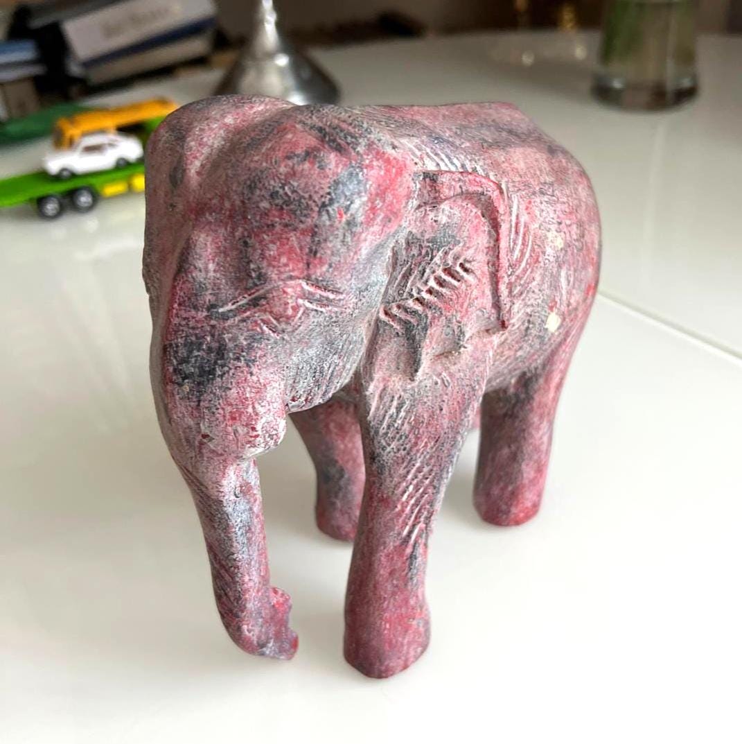 Carved Wooden Elephant Figurine Red Finish 1970s