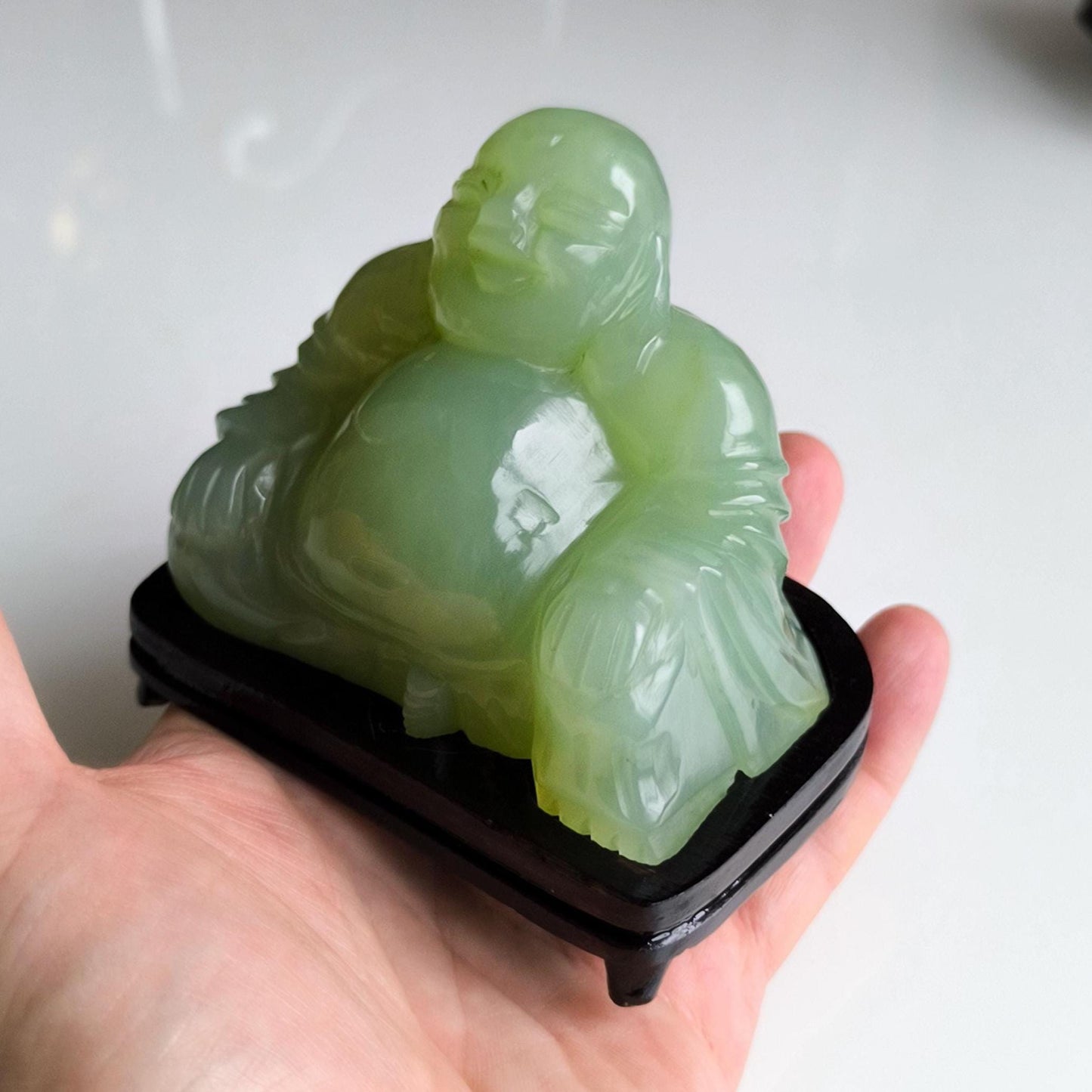 Green Nephrite Jade Carved Buddha Figure on Wooden Base, 1970