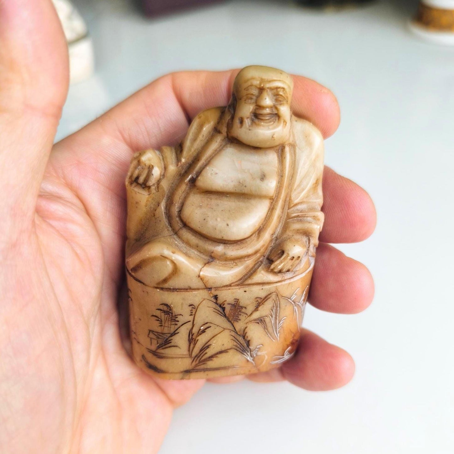 Handmade Brown Stone Sitting Budha Figure Stamp with Dragon and Phoenix, 1970