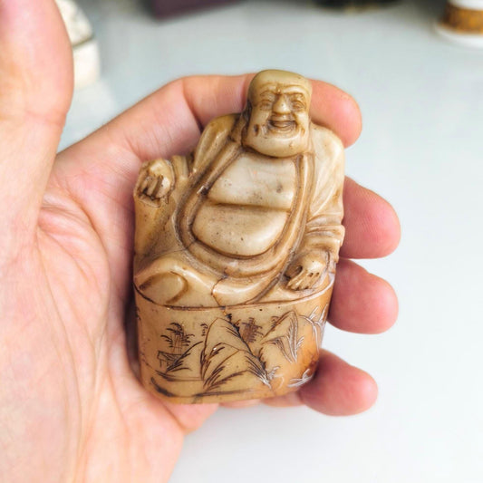 Handmade Brown Stone Sitting Budha Figure Stamp with Dragon and Phoenix, 1970