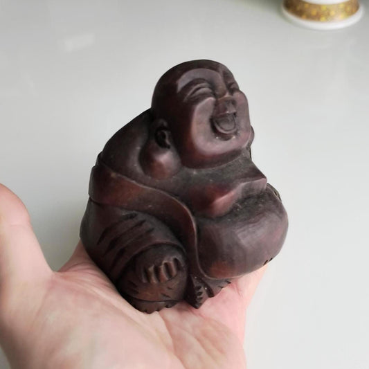 1970 Handmade Wooden Painted Brown Carved Sitting Buddha