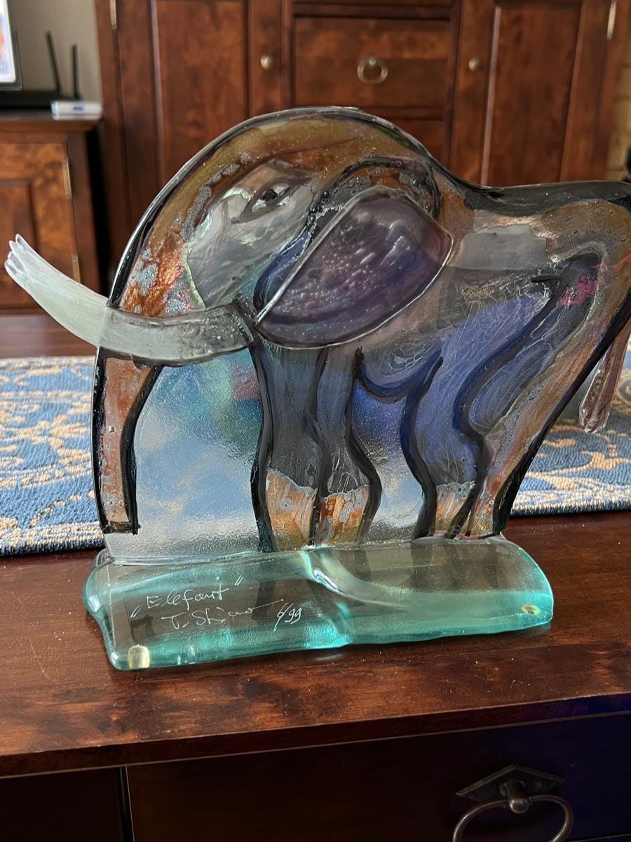 Flat Glass Abstract Elephant Sculpture Signed 6/99