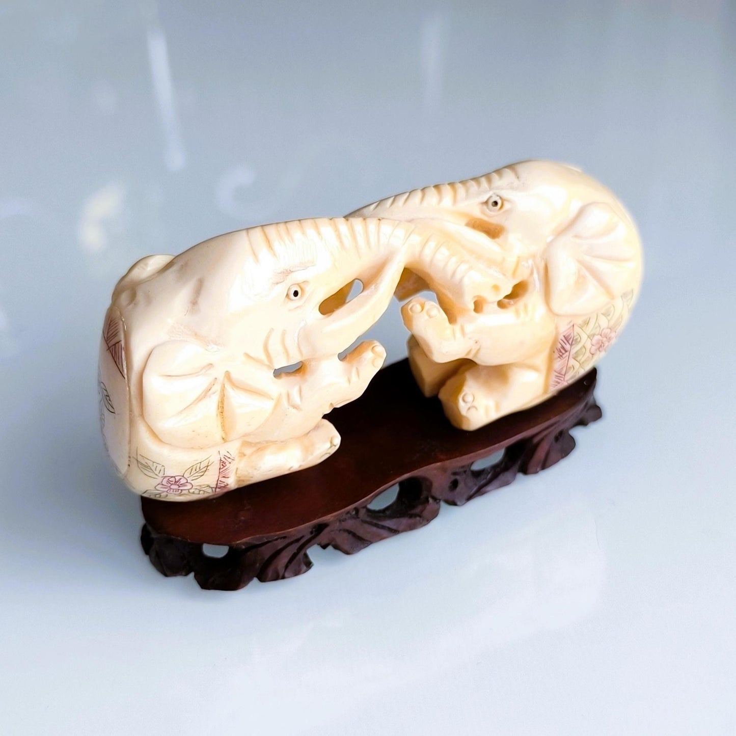 White Stone Two Elephants Sculpture On A Wooden Base, Handmade from 1960s