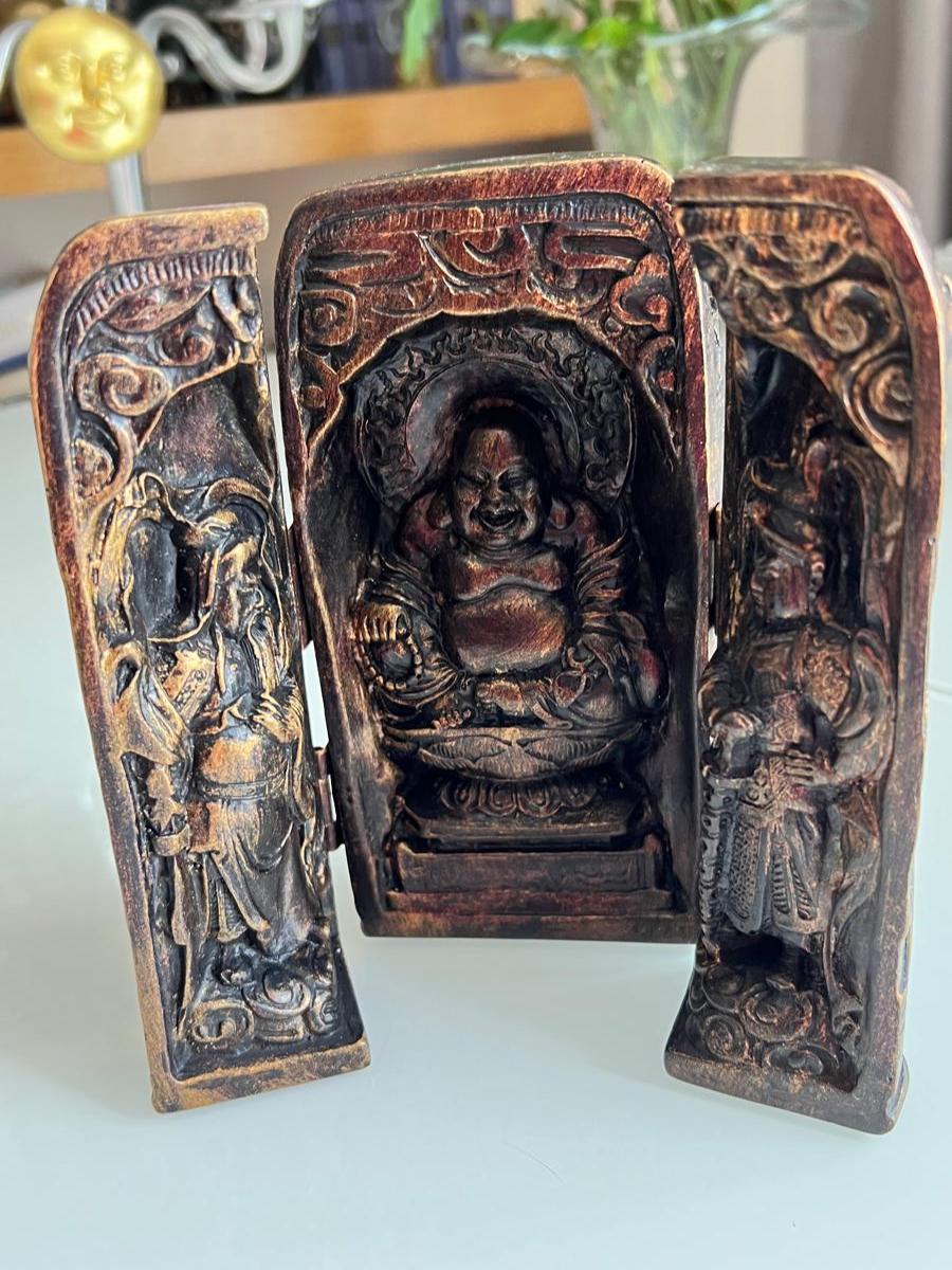 Wood Triptych Altar with Buddha Figures 1970s