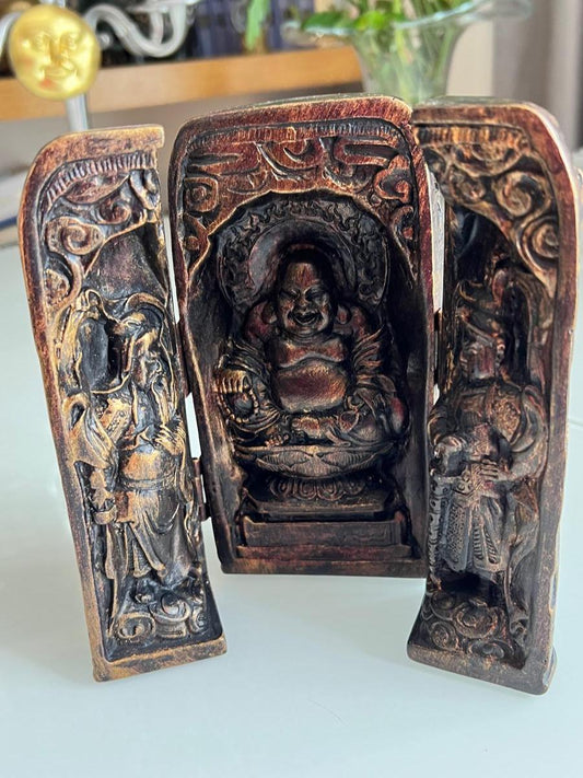 Wood Triptych Altar with Buddha Figures 1970s