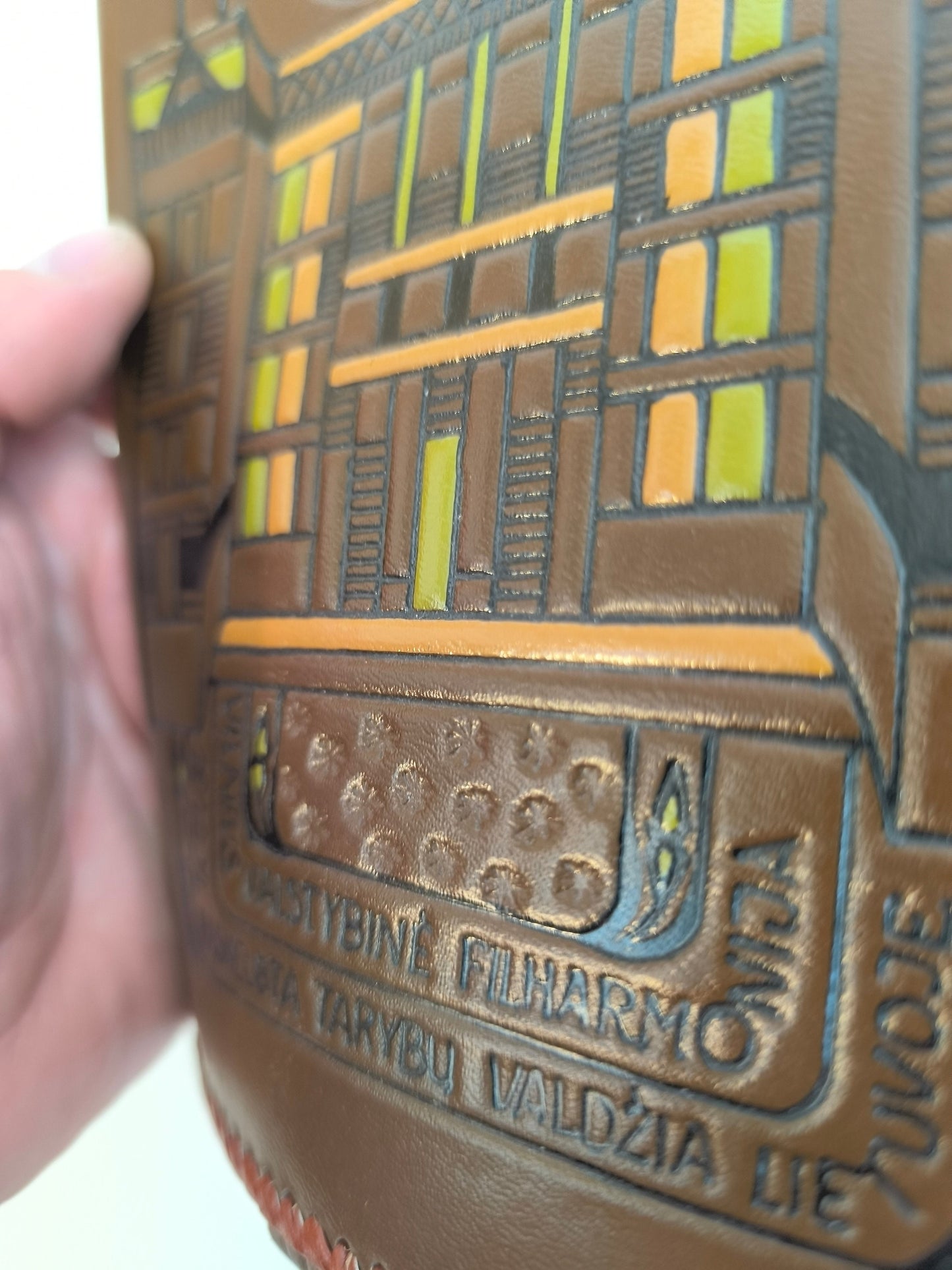 Leather Notebook Cover, Handcrafted Embossed with Lithuanian Inscription: Vilnius State Philharmonic, 1918 Soviet Rule Declaration