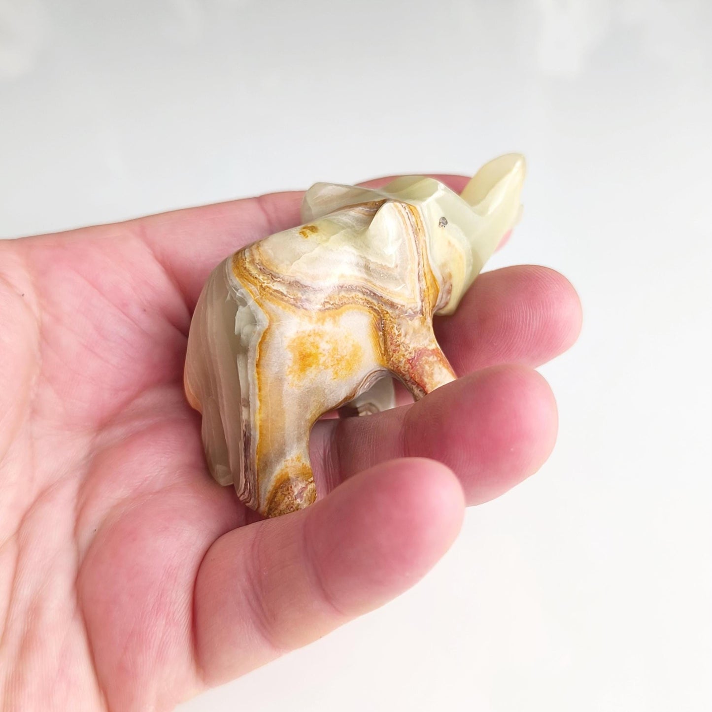 Handmade Small Striped Onyx Elephant Statue with Raised Trunk, 1990s