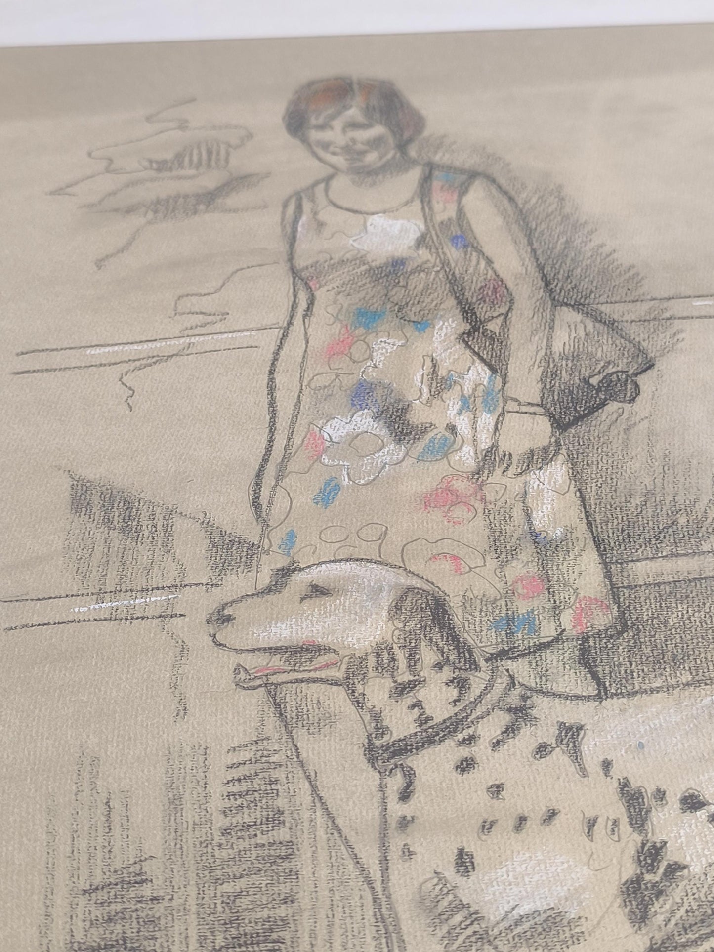 Woman with Dalmatian Drawing, Signed "P. Pennalis", 1976
