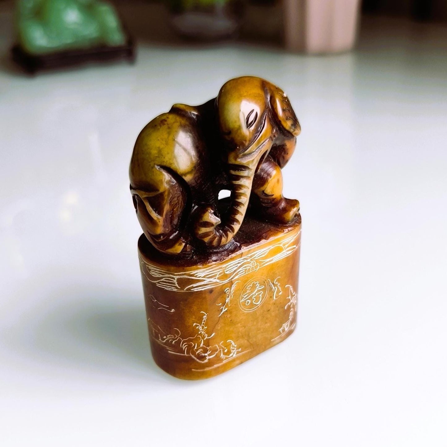 Brown Stone Elephant Stamp on Raised Stand with Carvings, Handmade 1960s