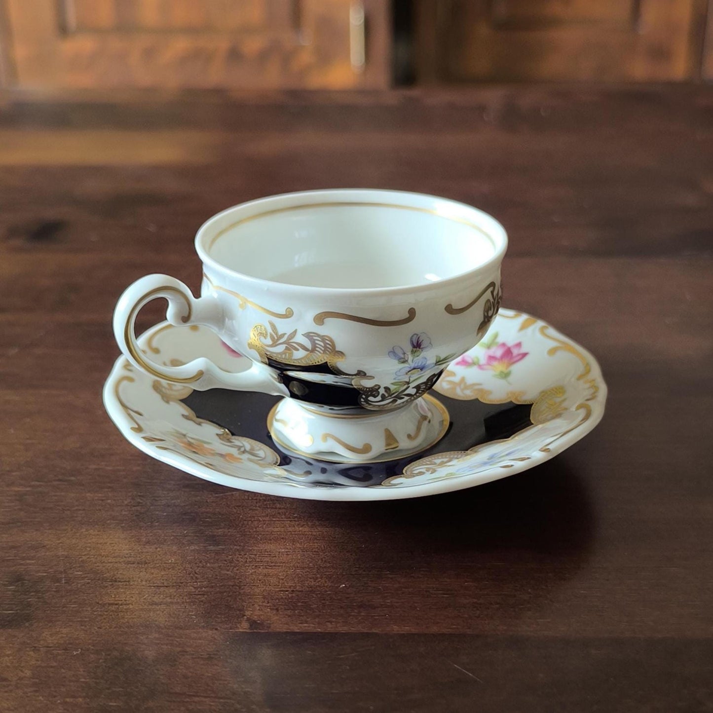 Weimar Porcelain Mocha Collector's Cup & Saucer – Hand Painted, Cobalt Blue, Gold Trim, 1970s