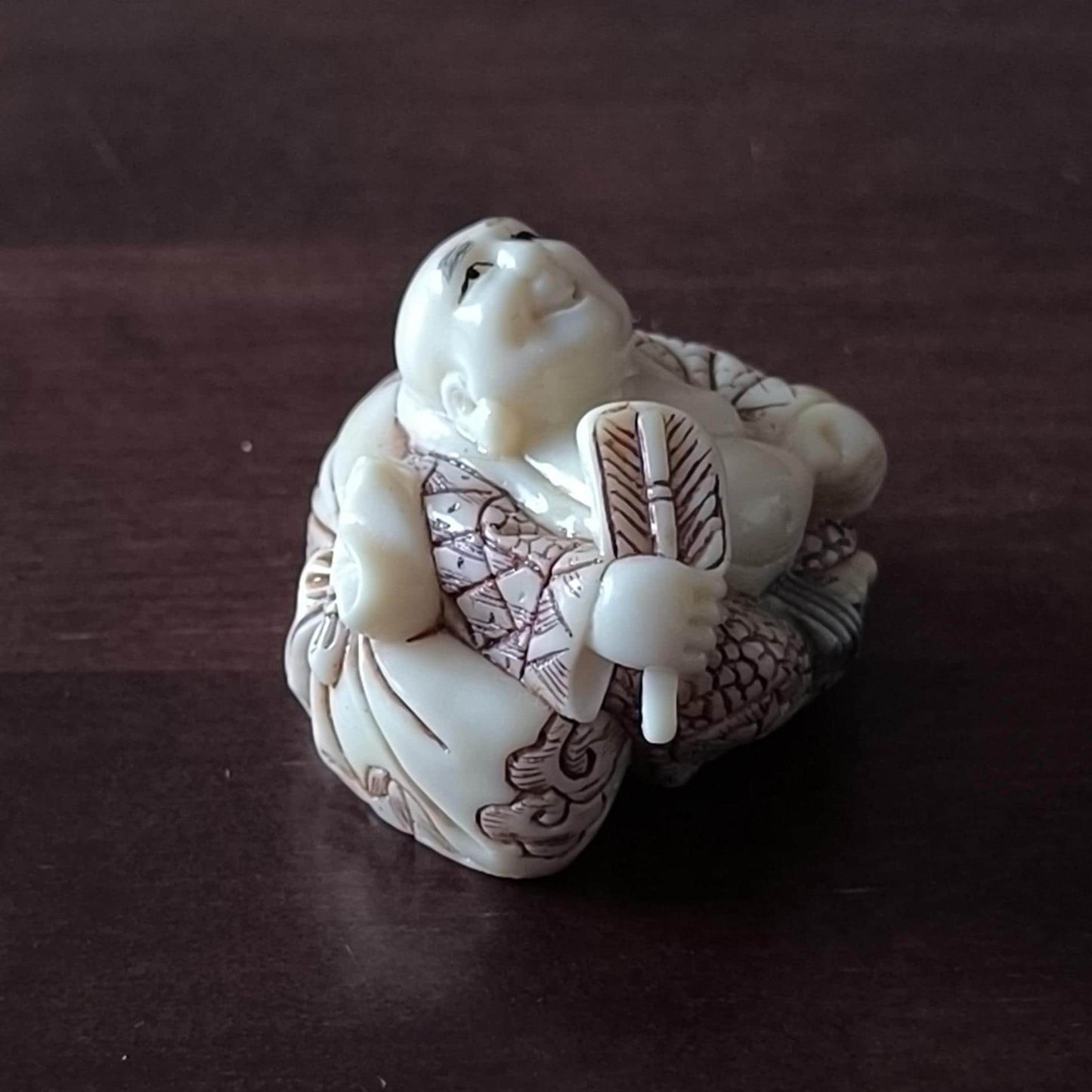 Japanese Resin Netsuke Happy Buddha Figurine Hand Painted, Carved 1970s
