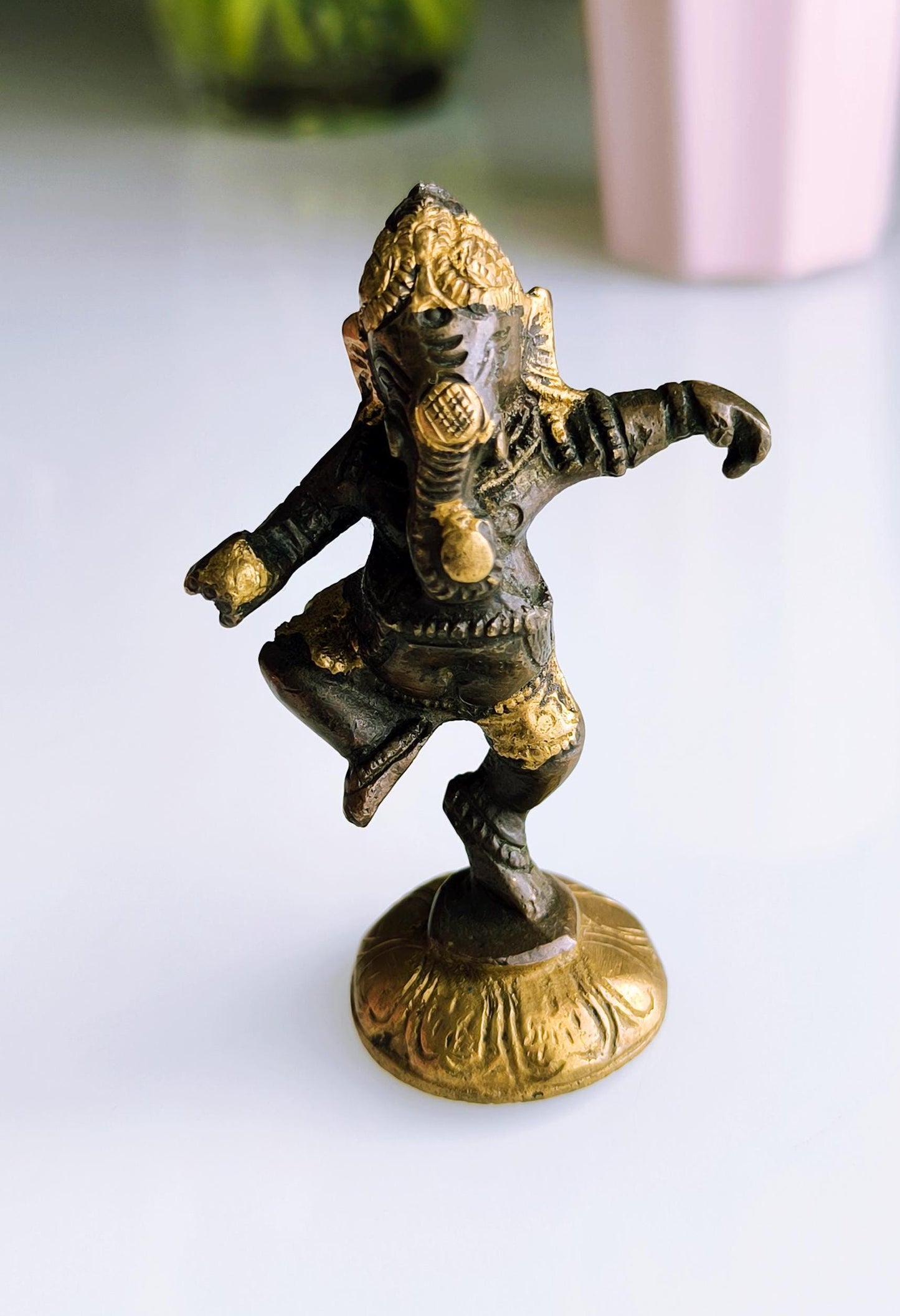 Small Bronze Dancing Ganesha Statue, Gold & Brown Tones, Hindu Elephant God, 1980s