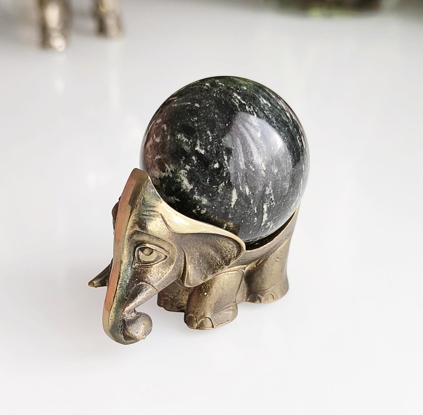 Small Bronze Asian Elephant Statue with Esoteric Black Stone, 1980s