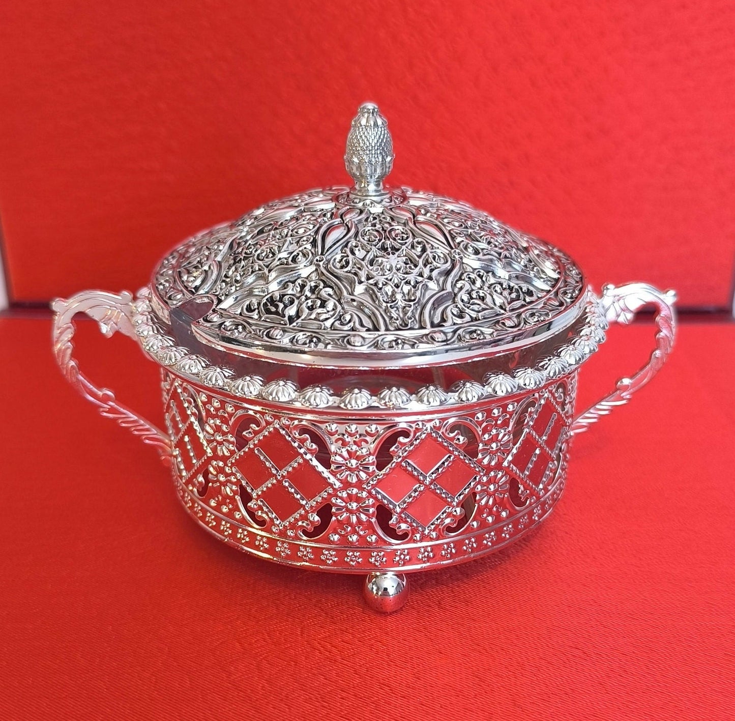 Silver Plated Sugar Bowl with Glass Insert: Asian Inspired