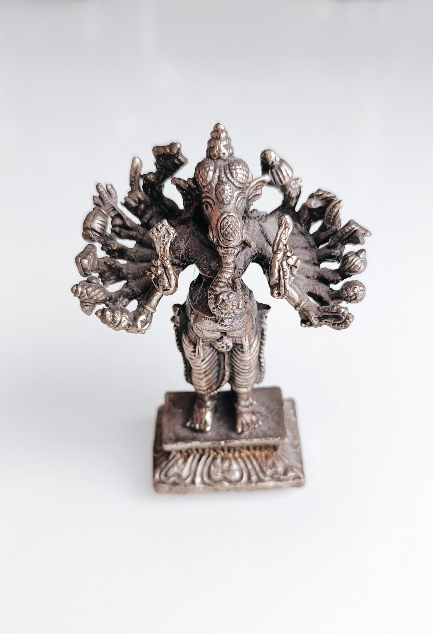 Bronze Silver Tone Small Ganesha Statue with Many Hands – Hindu Elephant Deity, 1970s