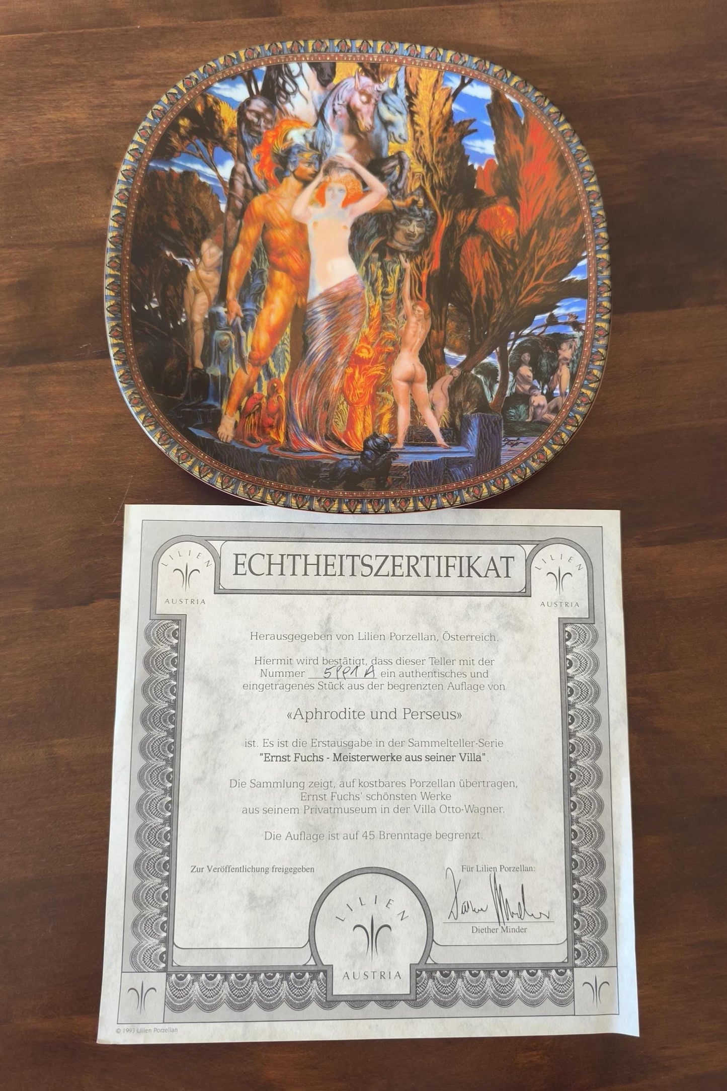 Original Ernst Fuchs Plate "Aphrodite and Perseus", Lilien Porzellan Austria 1994