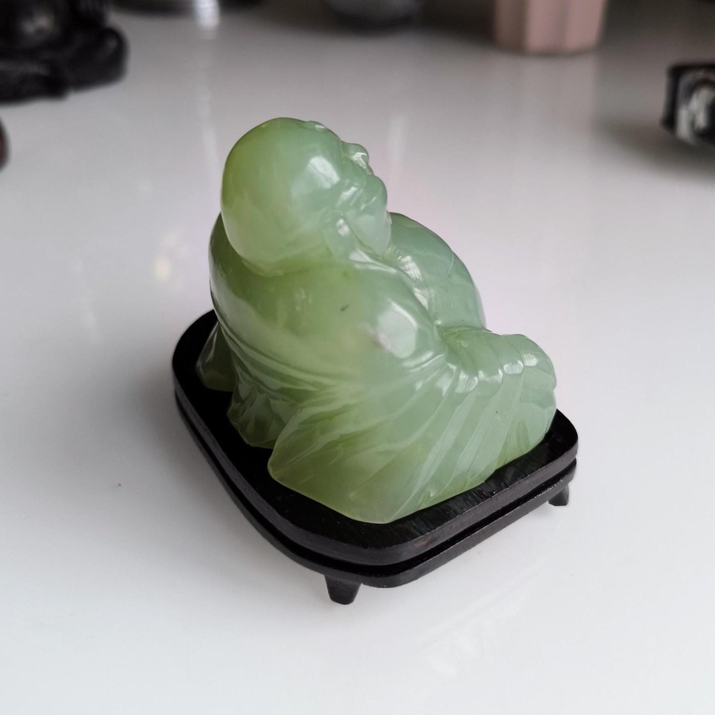 Green Nephrite Jade Carved Buddha Figure on Wooden Base, 1970