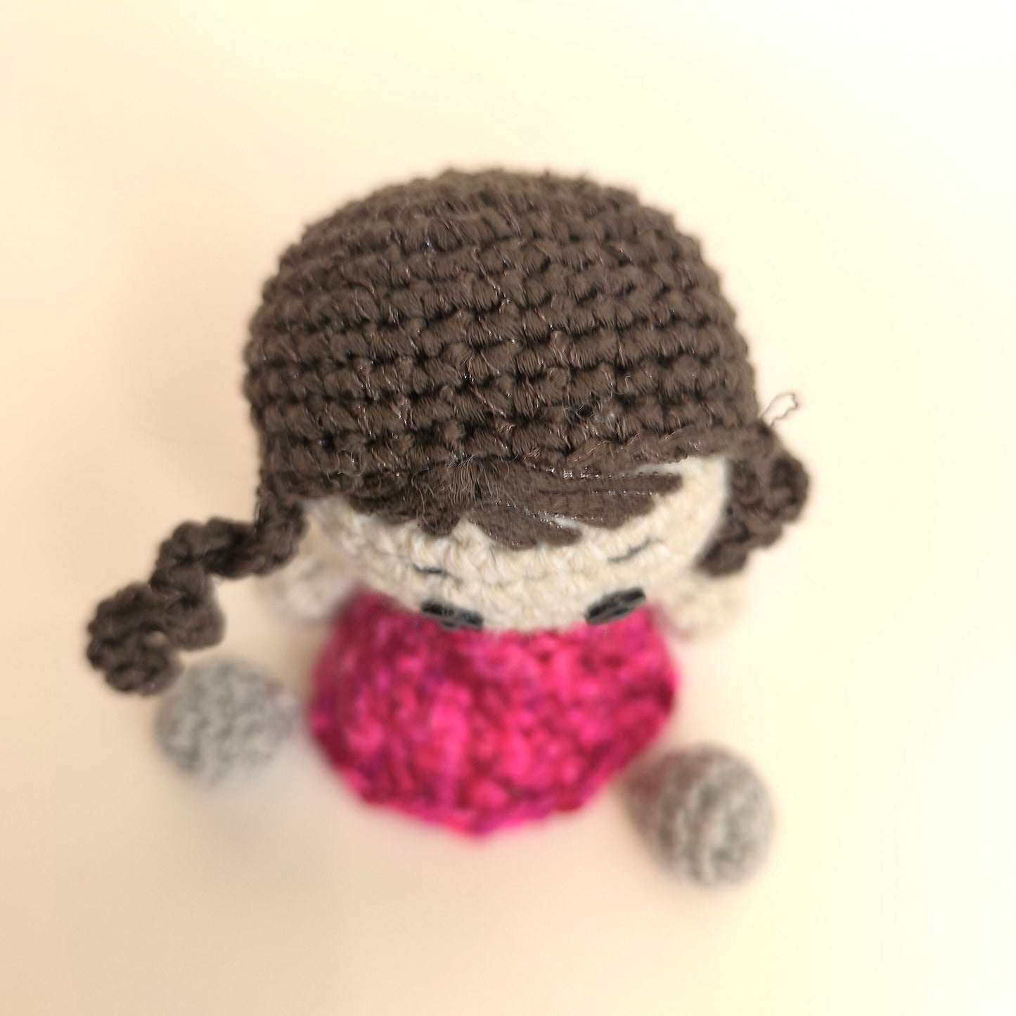 Handmade Knitted Doll, Girl with Dark Hair, Red Dress, Gray Shoes, Collectible Doll