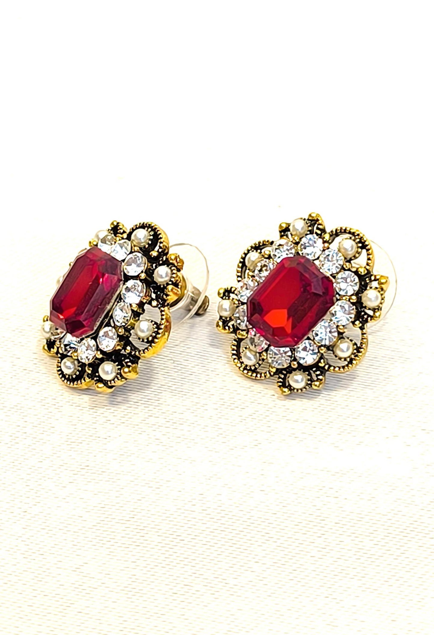 Vintage 2000s 14K Gold-Plated Stud Earrings With Ruby Imitation Swarovski Crystal & Gold Diamond Accents