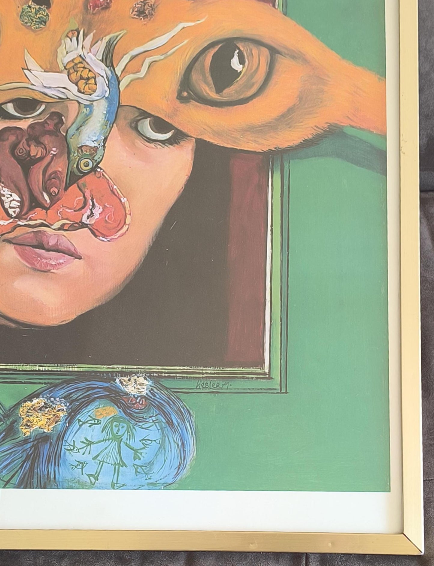 Surreal Etching by Josef Liesler, Face and Eyes, Signed 1971, Framed