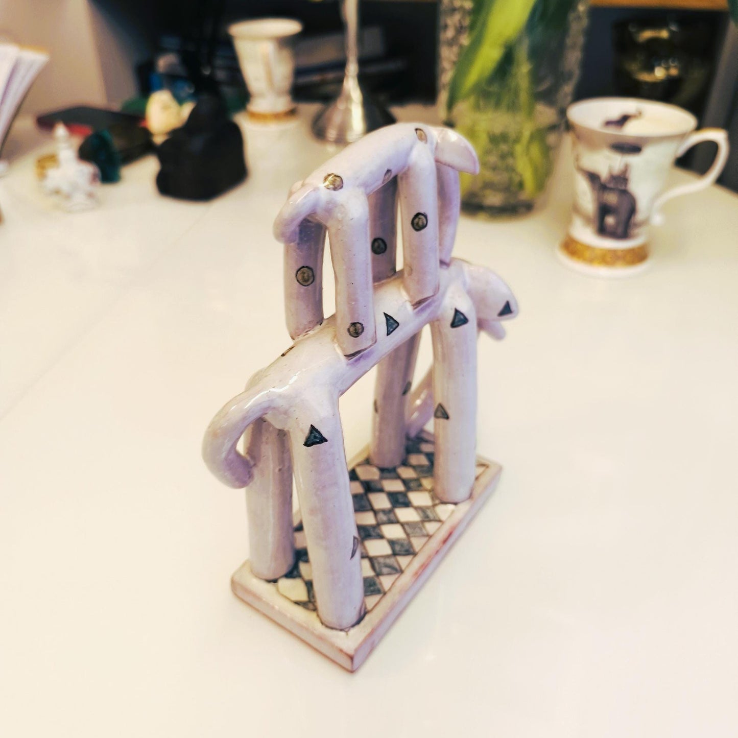 Two Stacked Ceramic Gray Elephants With Ornaments On Base 1970